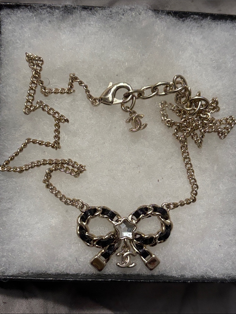 CC Gold-Tone Bow Necklace with Black Ribbon Detail